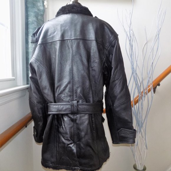 Genuine Leather Black Fur Vintage Coat Women's Size M - Picture 5 of 7